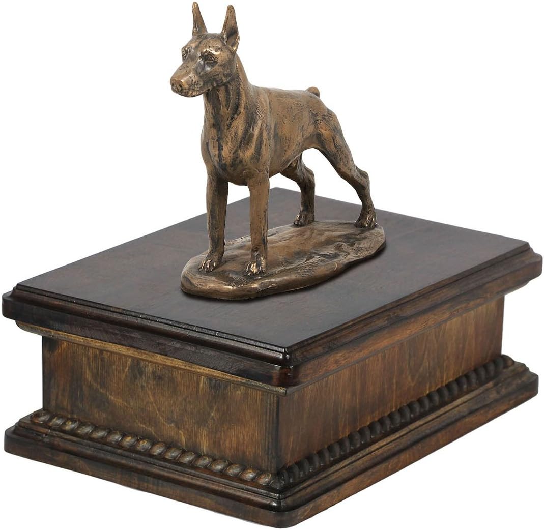 Art-Dog Custom Dog Mama Sitting Statue Memorial Urn - Handmade Cold Cast Bronze on Birch Base – Sturdy and Stylish Urn for Dog’s Ashes – 24,5x29x21cm – 5l – Doberman