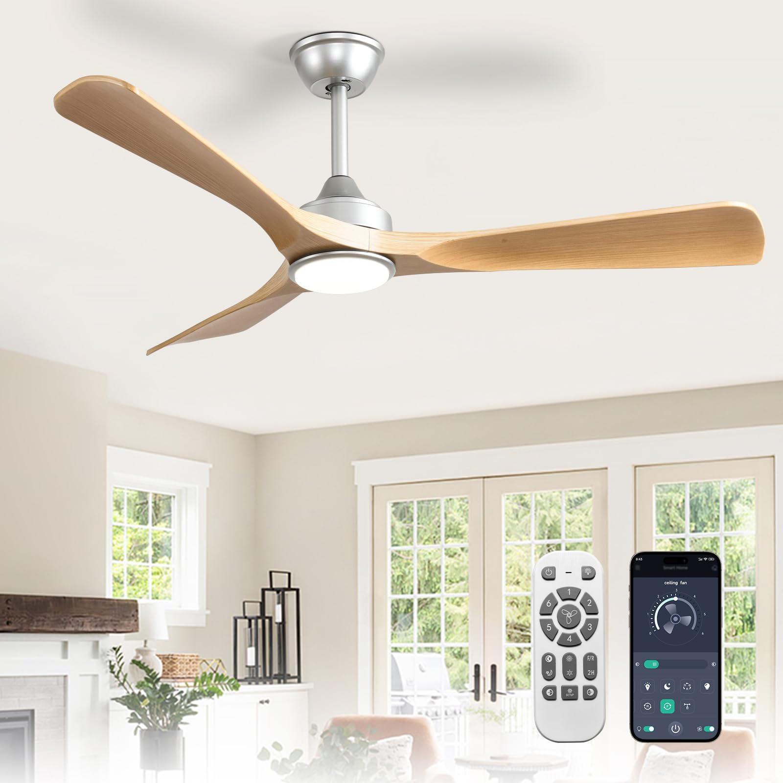 Depuley 52-Inch Ceiling Fan with Light: Wood 3 Blade Outdoor Fans for Patios - Dimmable Indoor Ceiling Fans with Remote APP Control Ultra Quiet DC Motor Reversible 6 Speed Timer