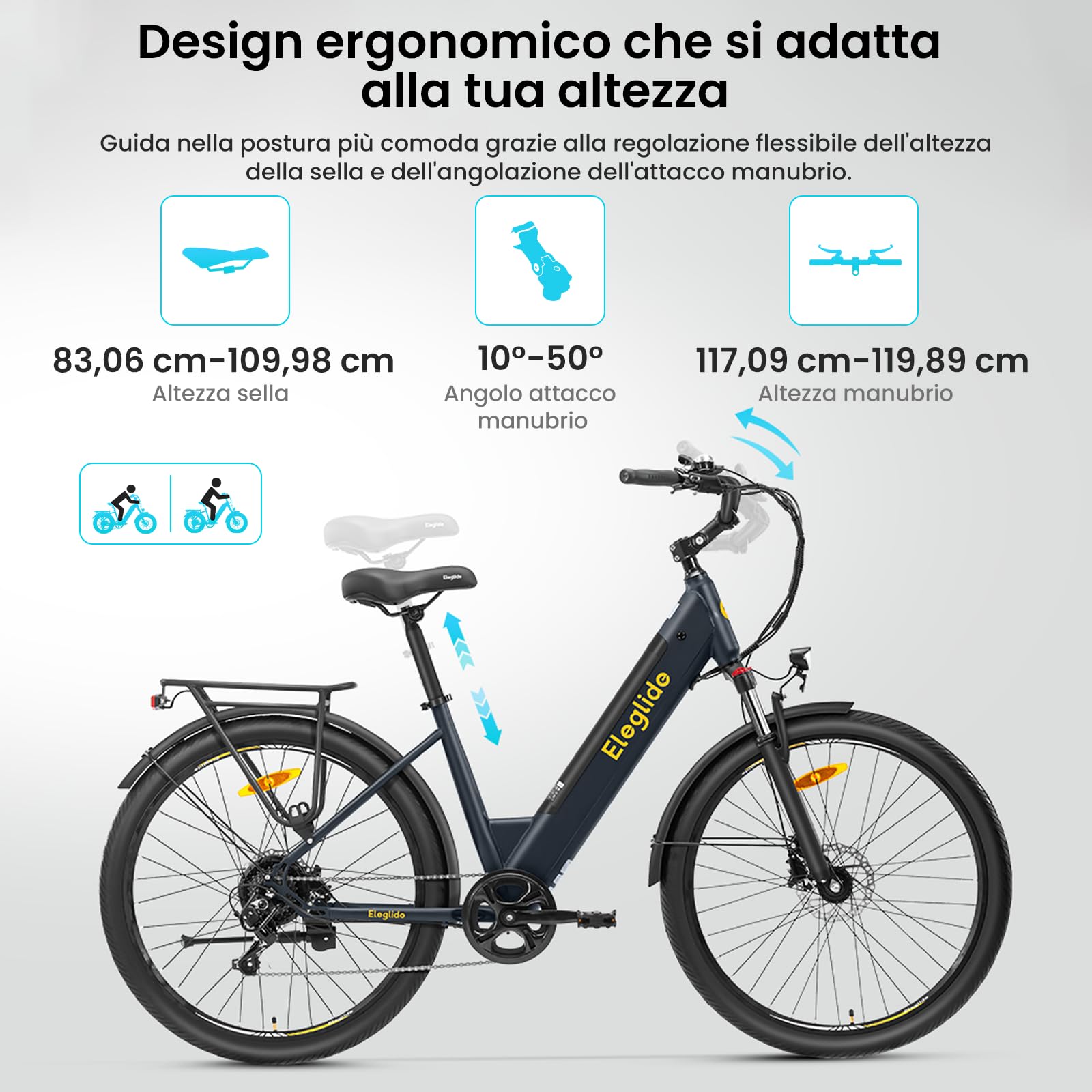 Eleglide Bicicletta elettrica T2 27,5", freni a disco idraulici, batteria da 36 V 13 Ah, autonomia 100 km, cambio a 7 velocità, bici elettrica da città