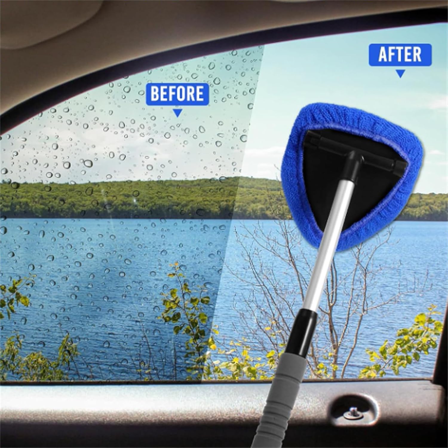 Windshield Cleaning Tool, Car Window Cleaner with Extendable Handle, Microfiber Car Window Cleaner with 4 Reusable and Washable Microfiber Pads