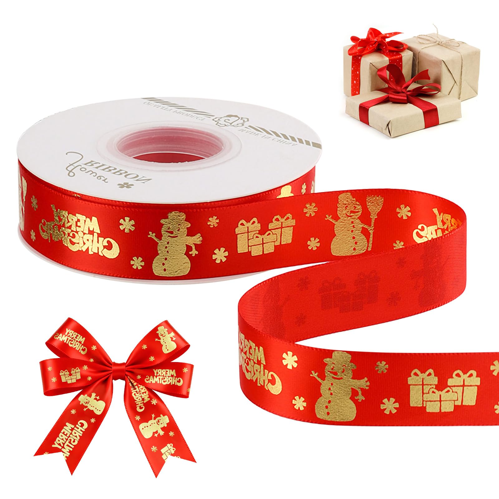 Christmas Ribbon for Gift Wrapping, Thick Fabric Silk Satin Floral Ribbons for Crafts (Snowman (red)-2.5cm) — image 1