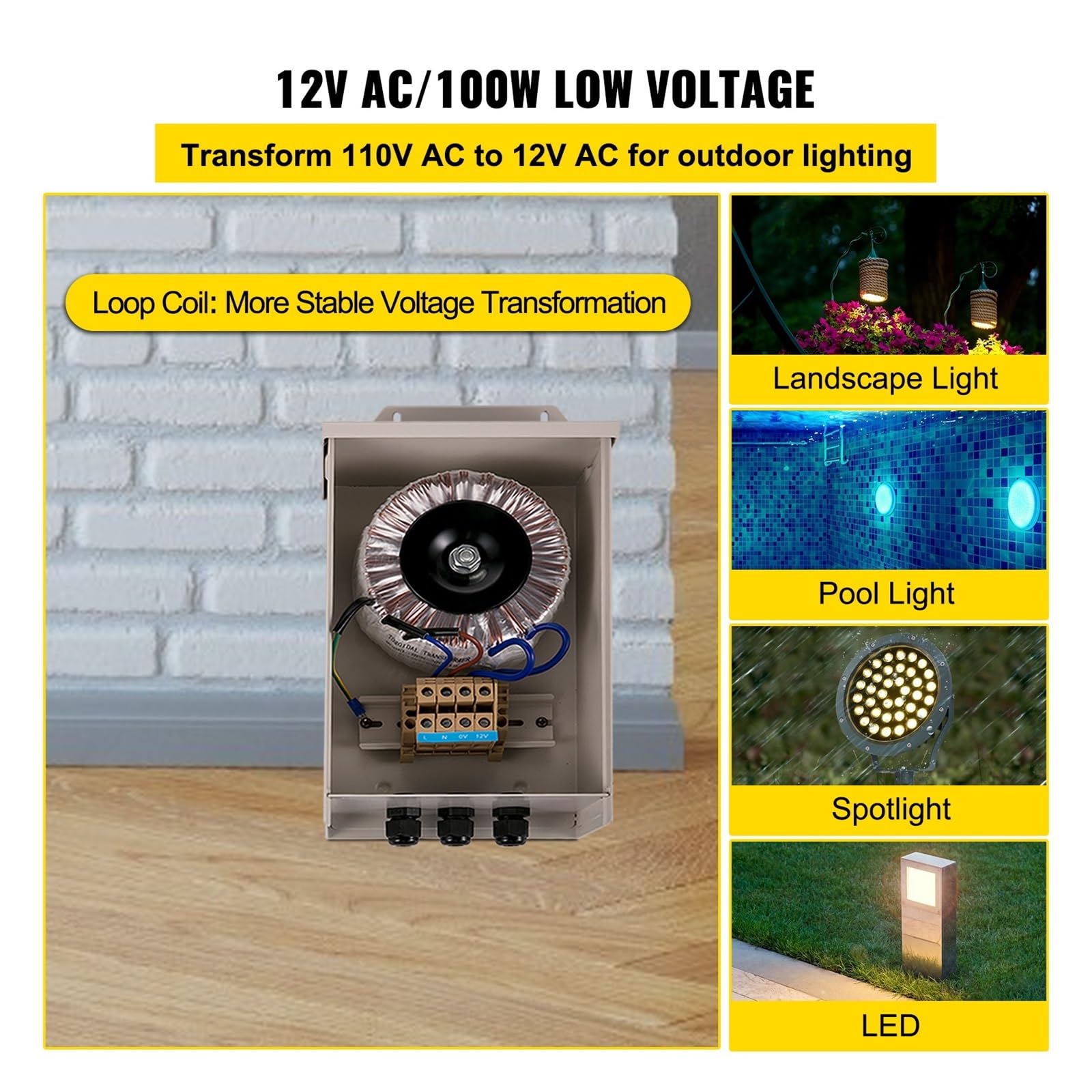 Transformador de bajo Voltaje 100/300W Transformador de iluminación de Paisaje Exterior Resistente a la Intemperie Piscina/SPA/Foco de iluminación de Paisaje(100 W)