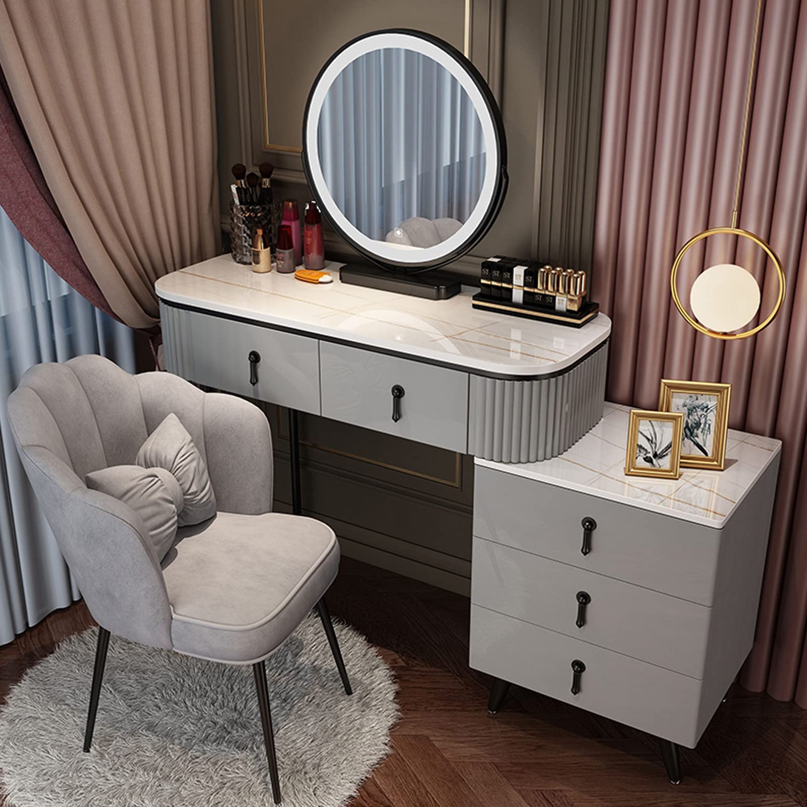 asdchZen Makeup Vanity Set With Dimmable 3-Color Led Mirror Dressing Table & Cushioned Stool Stylish Home Bedroom Studio Decor Elegant White & Black 100Cm