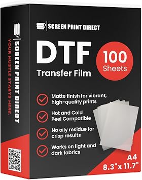 DTF Transfer Film for Sublimation - Direct to Film Sheets, Iron on Transfer Paper for T Shirts, Screen Print Direct Ready to Press Heat Transfer Sheets A4-8.3" x 11.7" - 100 Sheets
