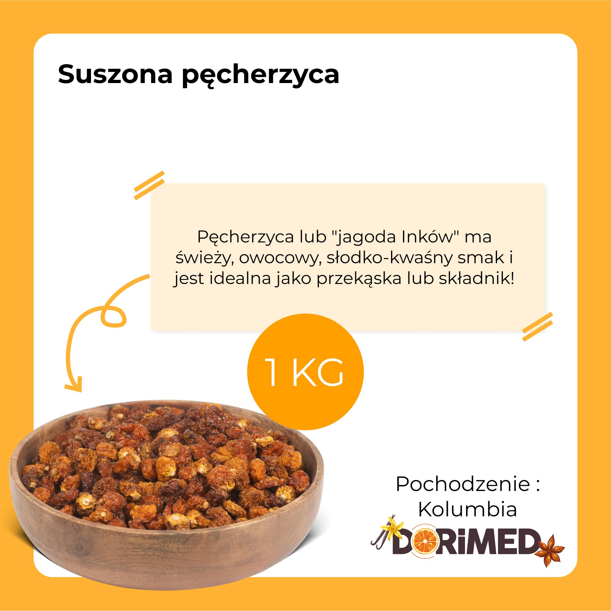 Pęcherzyca suszona 1 kg | jagody Inka | Kapagrest, suszone owoce | naturalne, suszone jagody, surowa pęcherzyca cała i odwodniona, bez soli | miękka tekstura | wegańska i wegetariańska