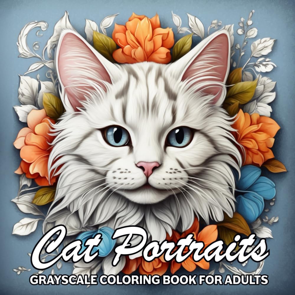 Cat portraits: Grayscale coloring book for adults
