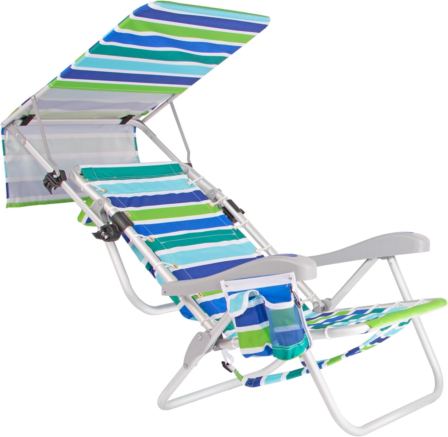 Ultimate Heavy Duty Aluminum Lace-Up Folding Backpack Beach Chair for Adults | Low Seat, Lay Flat, 5 Reclining Positions | Removable Insulated Cooler Pouch & Canopy for UV Protection