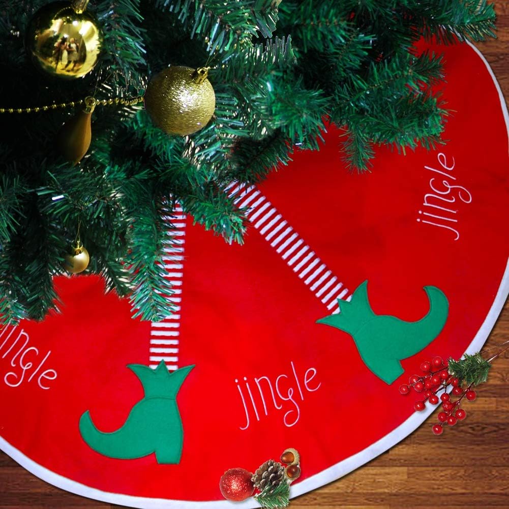48 inches Christmas Tree Skirt, Jingle Christmas Tree Decorations, Red Soft Double Layers Tree Skirt with White Rim