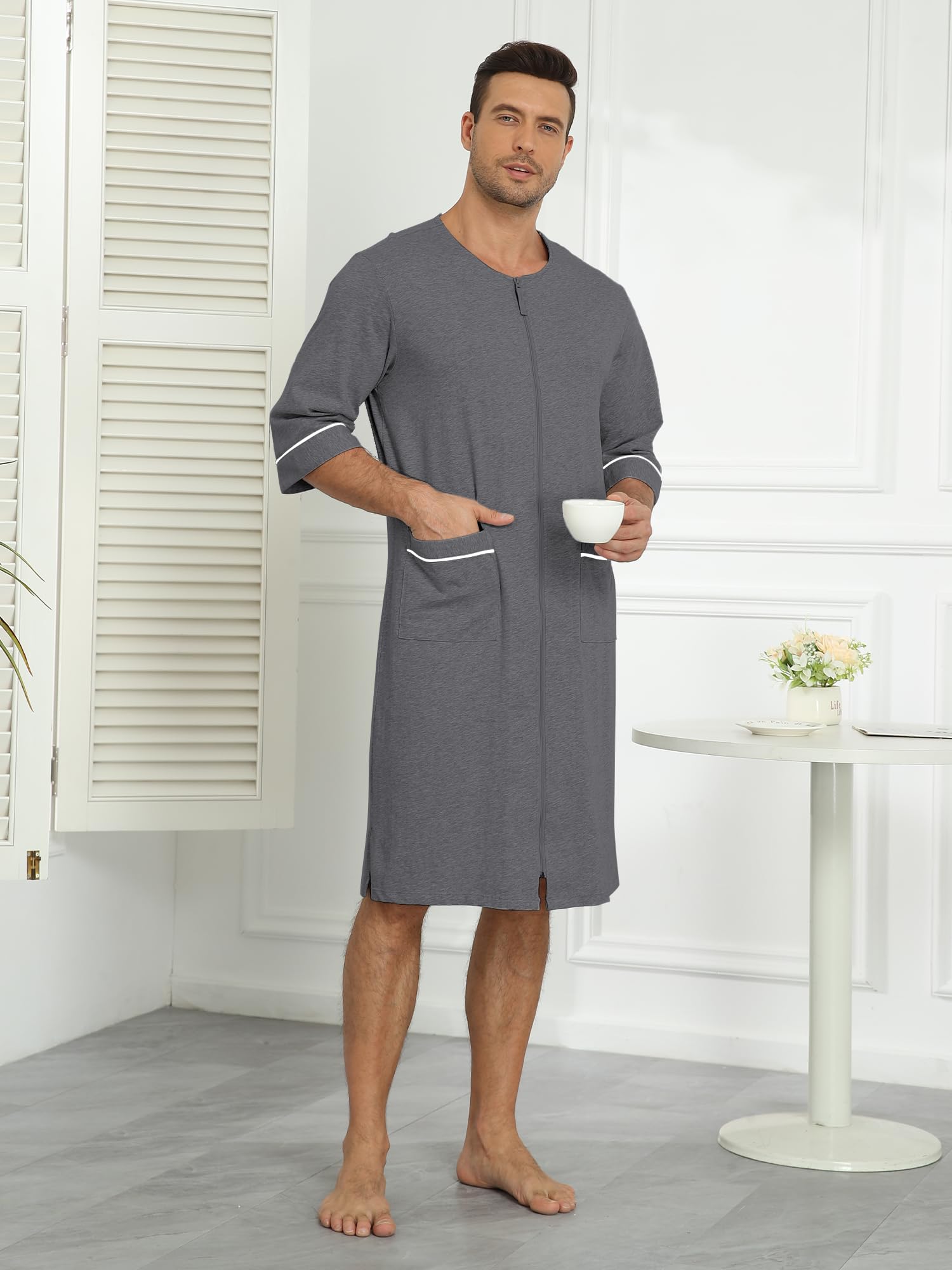 COLORFULLEAF Herren-Bademantel aus 100 % Baumwolle, weicher Reißverschluss, kurzärmelig, Sommer-Kimono, Hausmantel mit Taschen