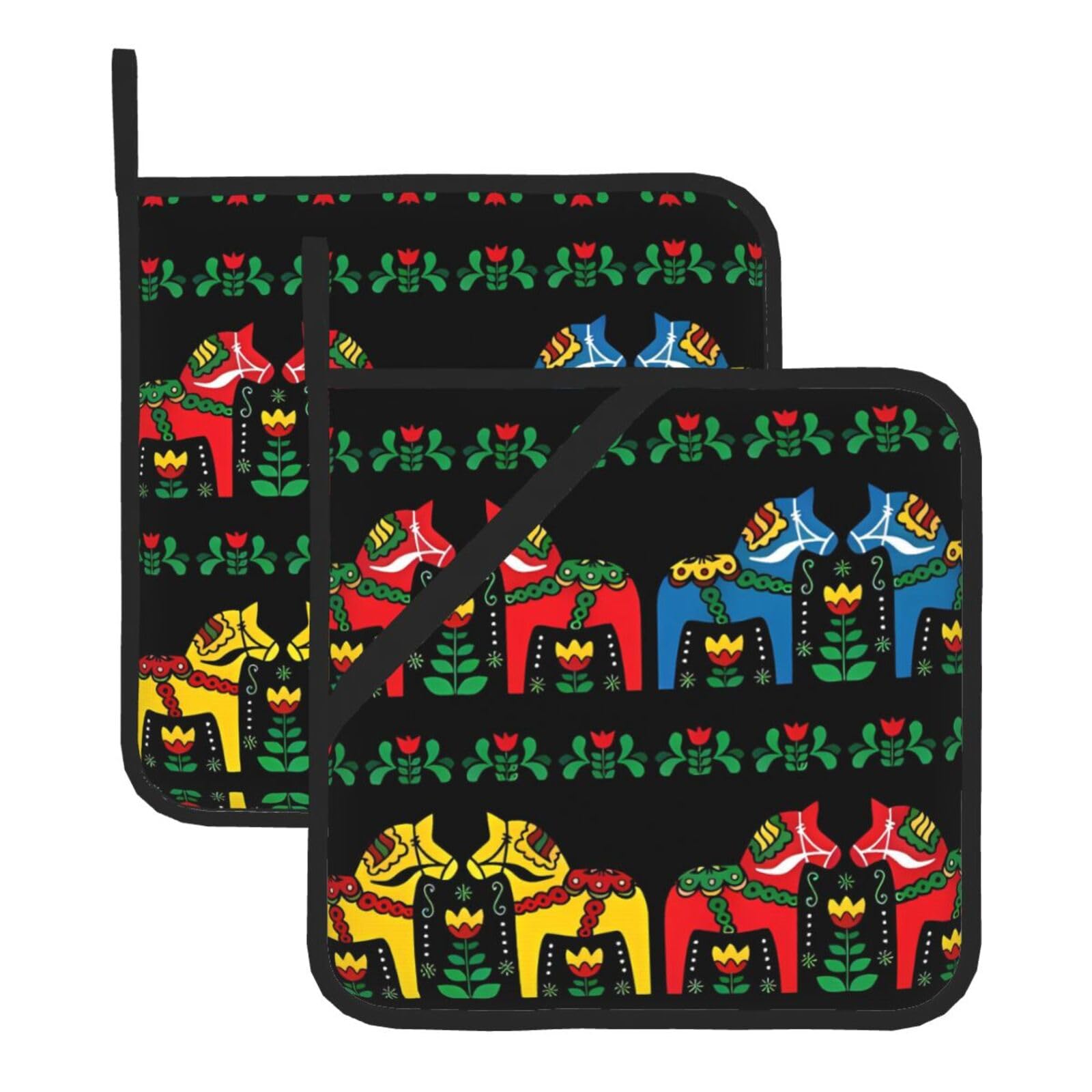 YYHWHJDE Runner Swedish Dala Horse Folk Prints Square Hot Pads for Kitchen Counter - Waterproof Pot Holders with Hanging Loop, Durable Trivets for Microwave Oven - 2 Pack
