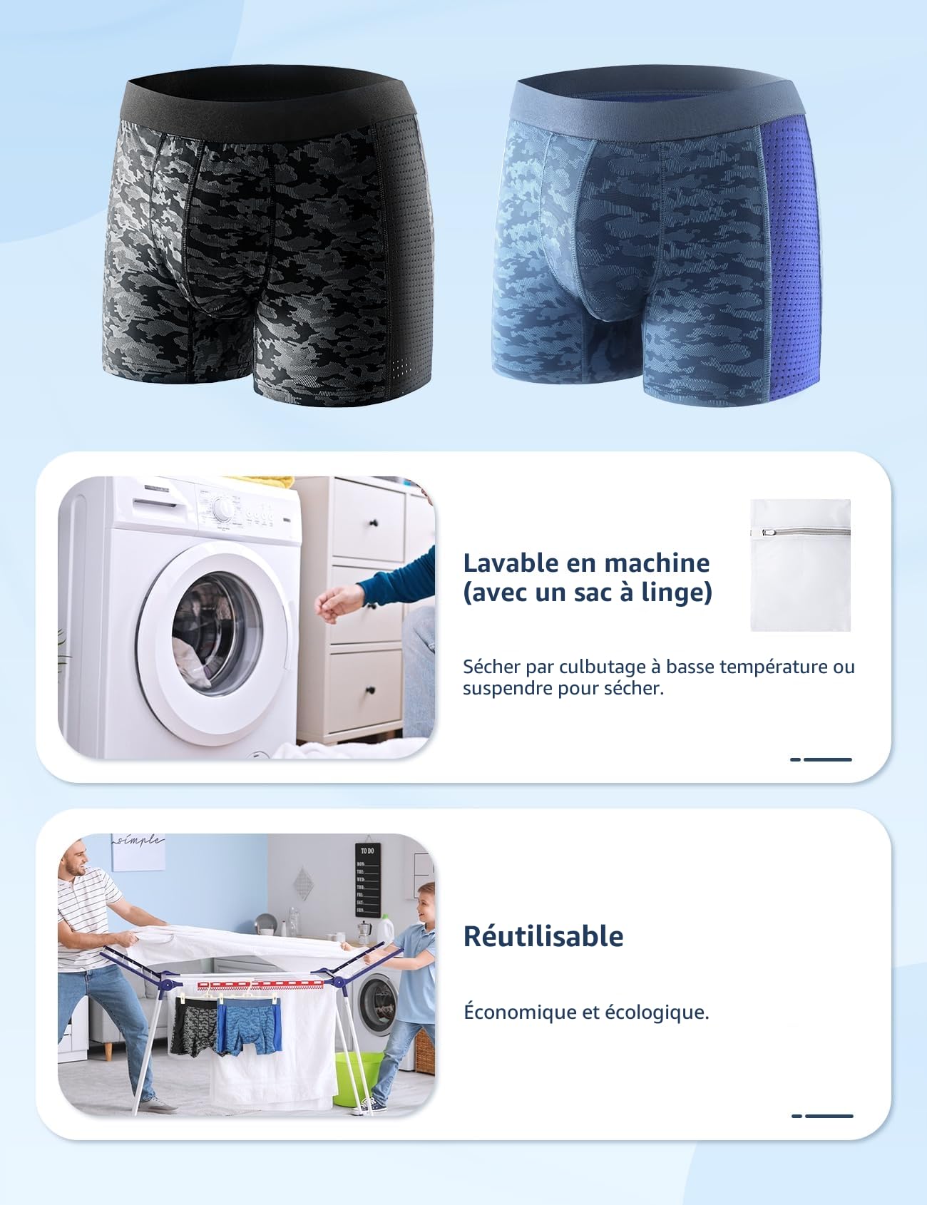 Carer Lot de 3 Boxers d'Incontinence pour Homme Discrets et Confortables | Comme un Sous-vêtement Classique Protection Absorbante 80 ml pour Fuites Urinaires Légères, Noir et Bleu Taille XL