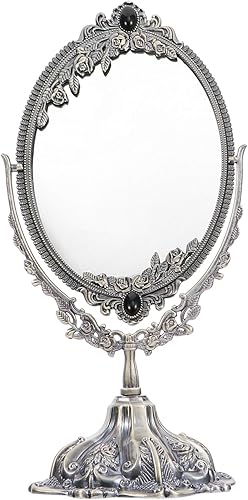FRCOLOR Soporte de escritorio giratorio ovalado doble con rosa de bronce de suministro de doble cara espejo cosmético marco L metal decorativo mesa