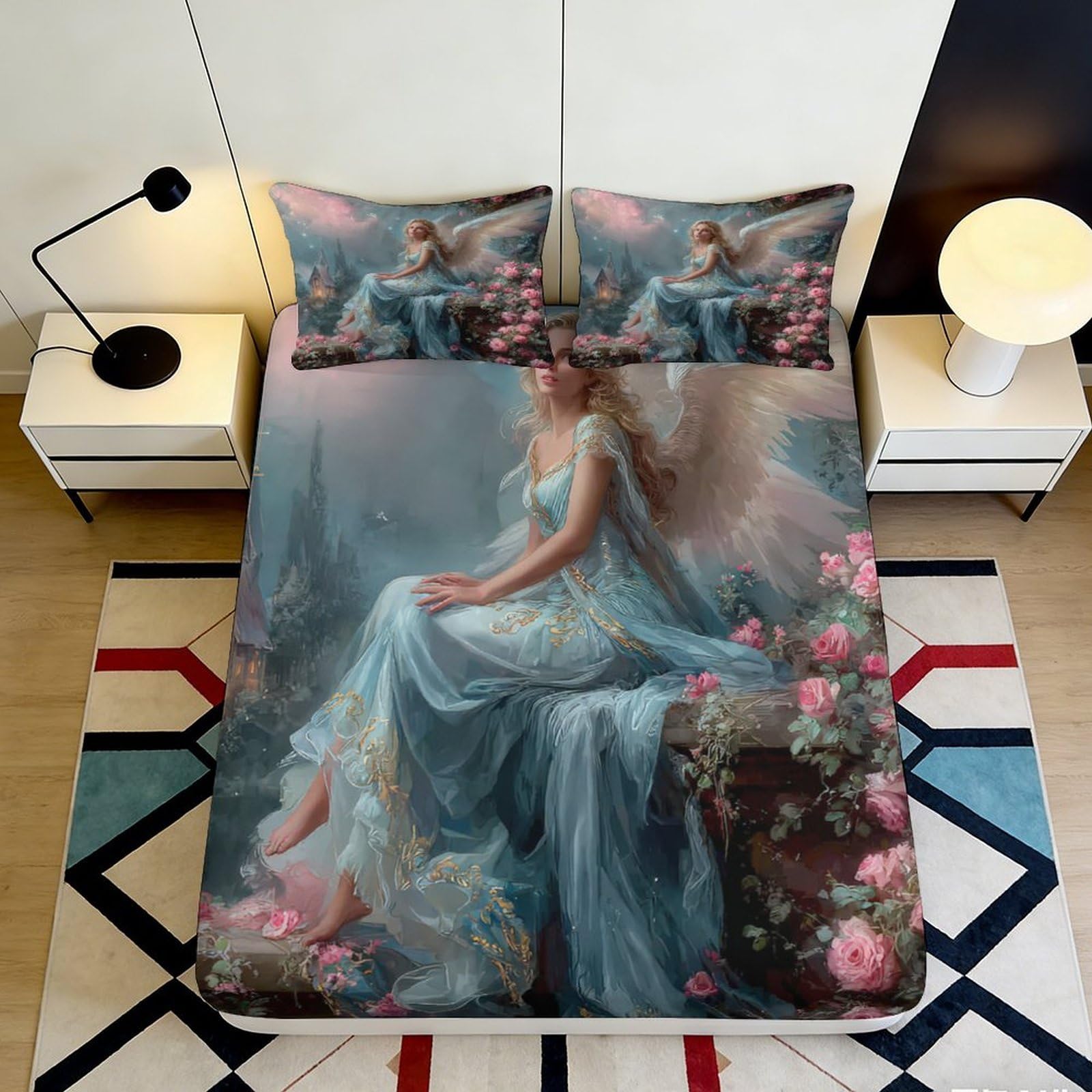 3D Printed Angel Fantasy Fitted Sheet Microfiber Elegant Blue Rose Mattress Cover for Bedroom Dorm Decor 90x200x25cm