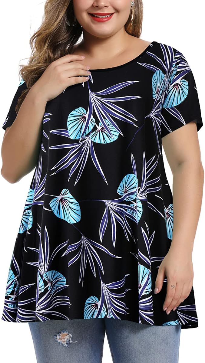 MONNURO Womens Plus Size Short Sleeve Swing Tunic Tops Casual Loose Fit Flare Basic T-Shirts