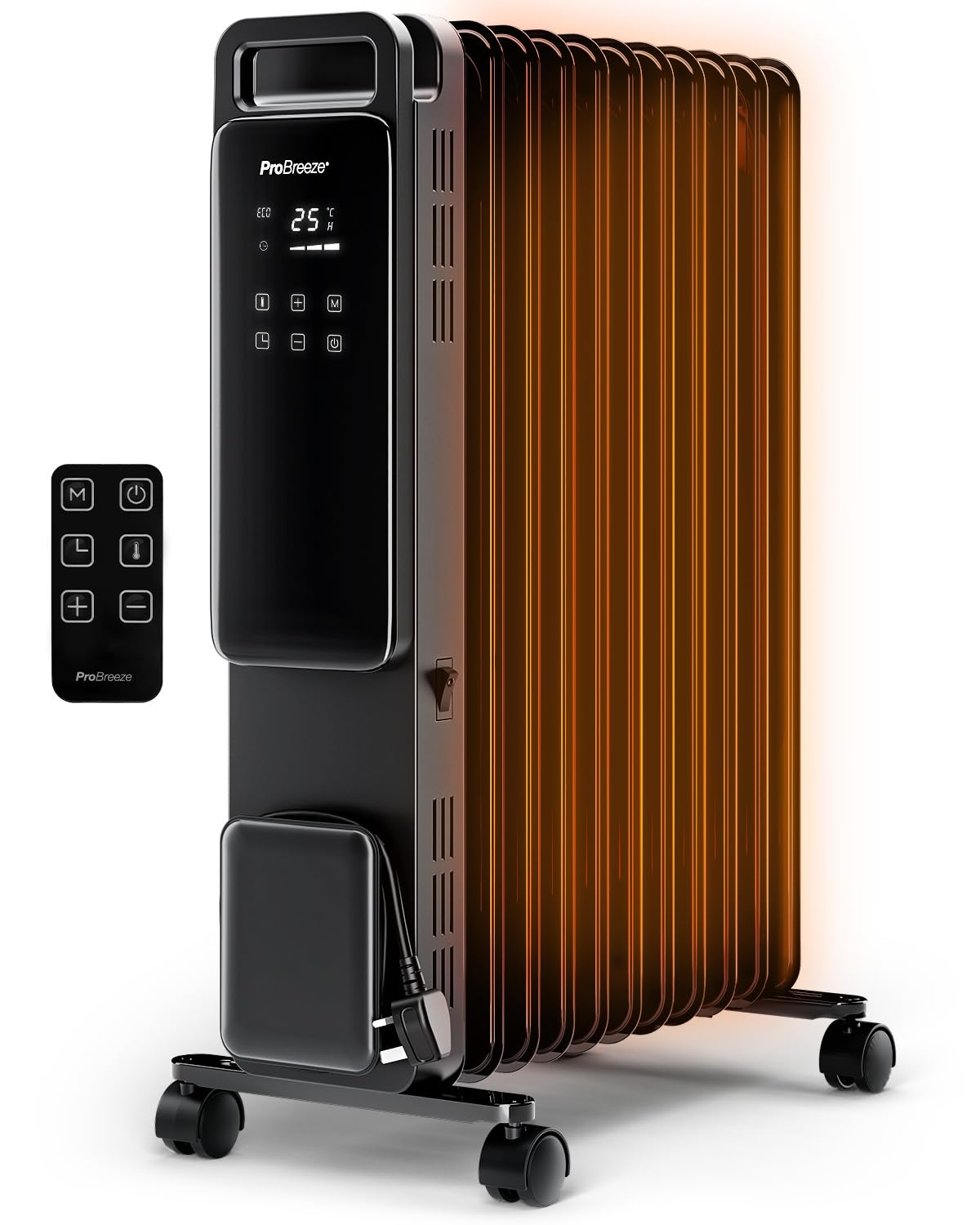 Pro Breeze OmniWarm Radiateur Bain d'Huile 2500W, 11 éléments - Chauffage Électrique - Écran Digital, Mode Éco, 3 Niveaux de Chauffage, Thermostat Réglable, Sécurité Anti-basculement & Minuteur 24H
