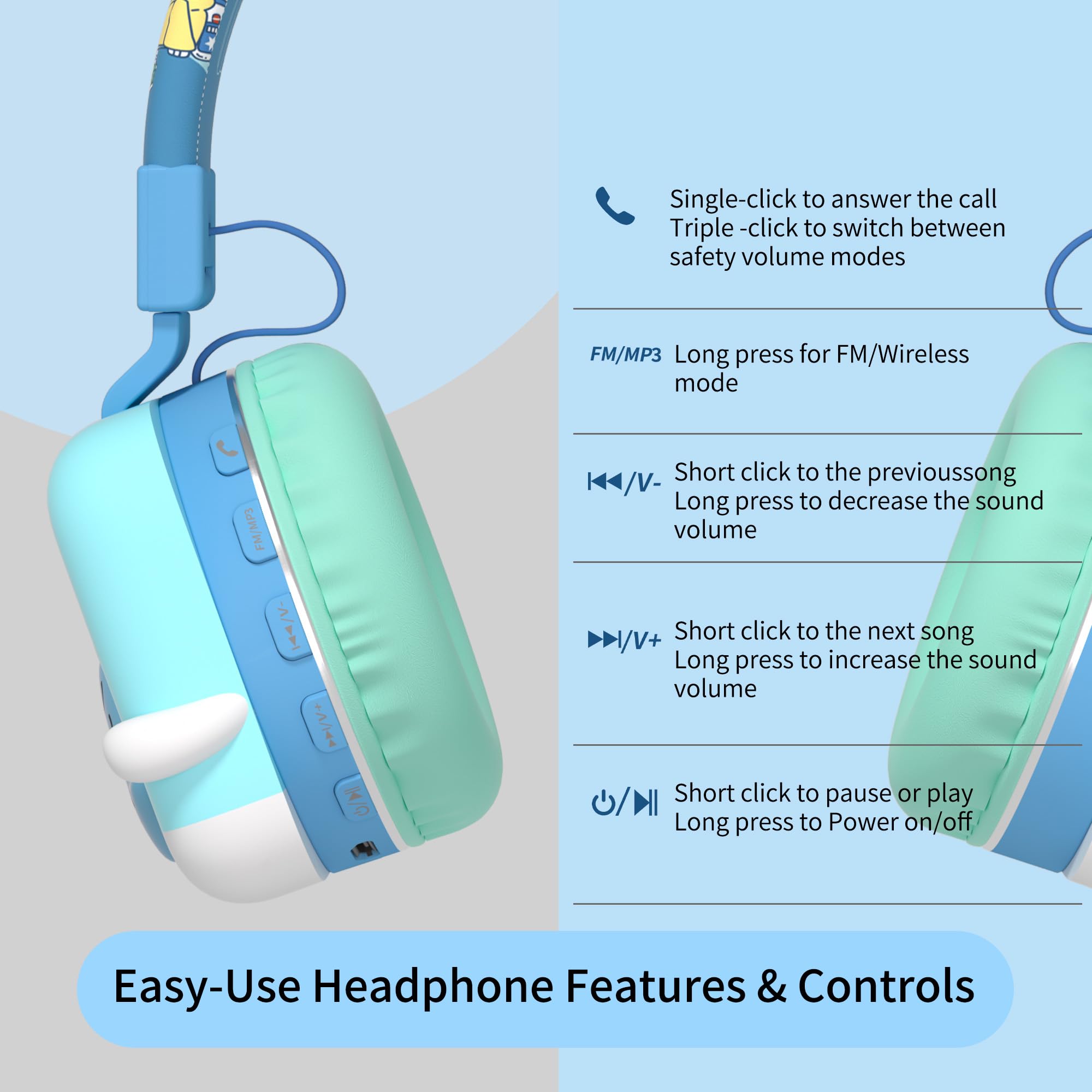 Auriculares Bluetooth para niños, inalámbricos y con cable, micrófono integrado, volumen limitado, cómodos y plegables, Bluetooth 5.4, azul