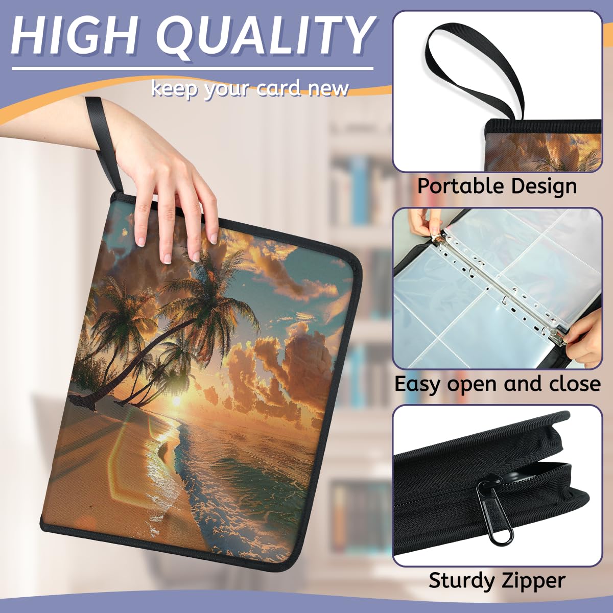 Raccoglitore per carte collezionabili con 4 tasche, motivo palma hawaiana, con maniche rimovibili, impermeabile, con cerniera, 50 pagine, capacità 400 carte