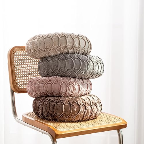 Miniatura 7 de Almohada redonda de terciopelo helado de 13.7 pulgadas, almohada redonda plisada con relleno de calabaza para el hogar, cojín decorativo para sofá,