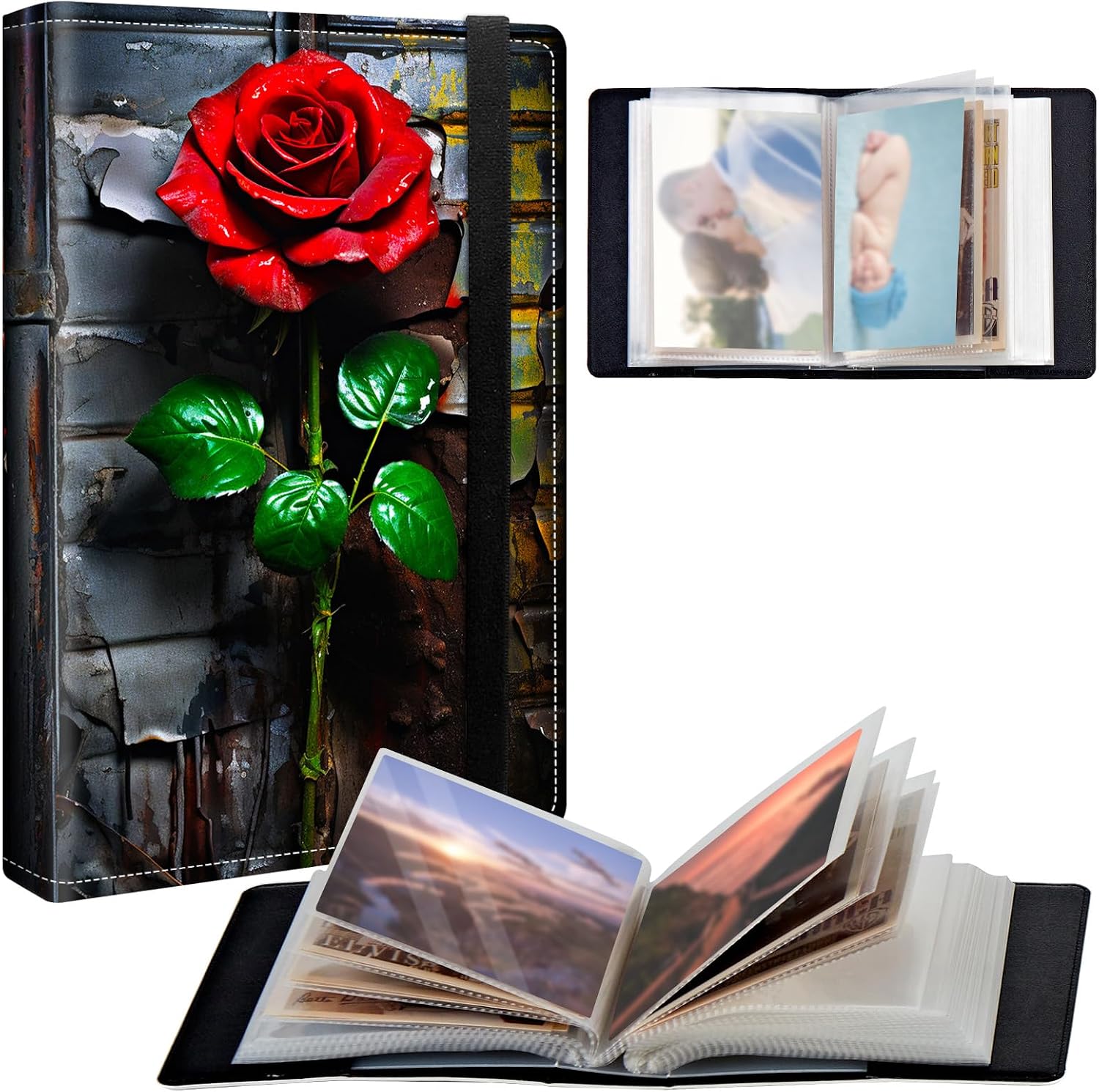 Small Photo Album 4x6 inch 120 Pockets Photos Pu Leather Cover Photo Albums With Elastic Band Design Cute Photo Album For Family Wedding Anniversary Travel - Big Red Rose