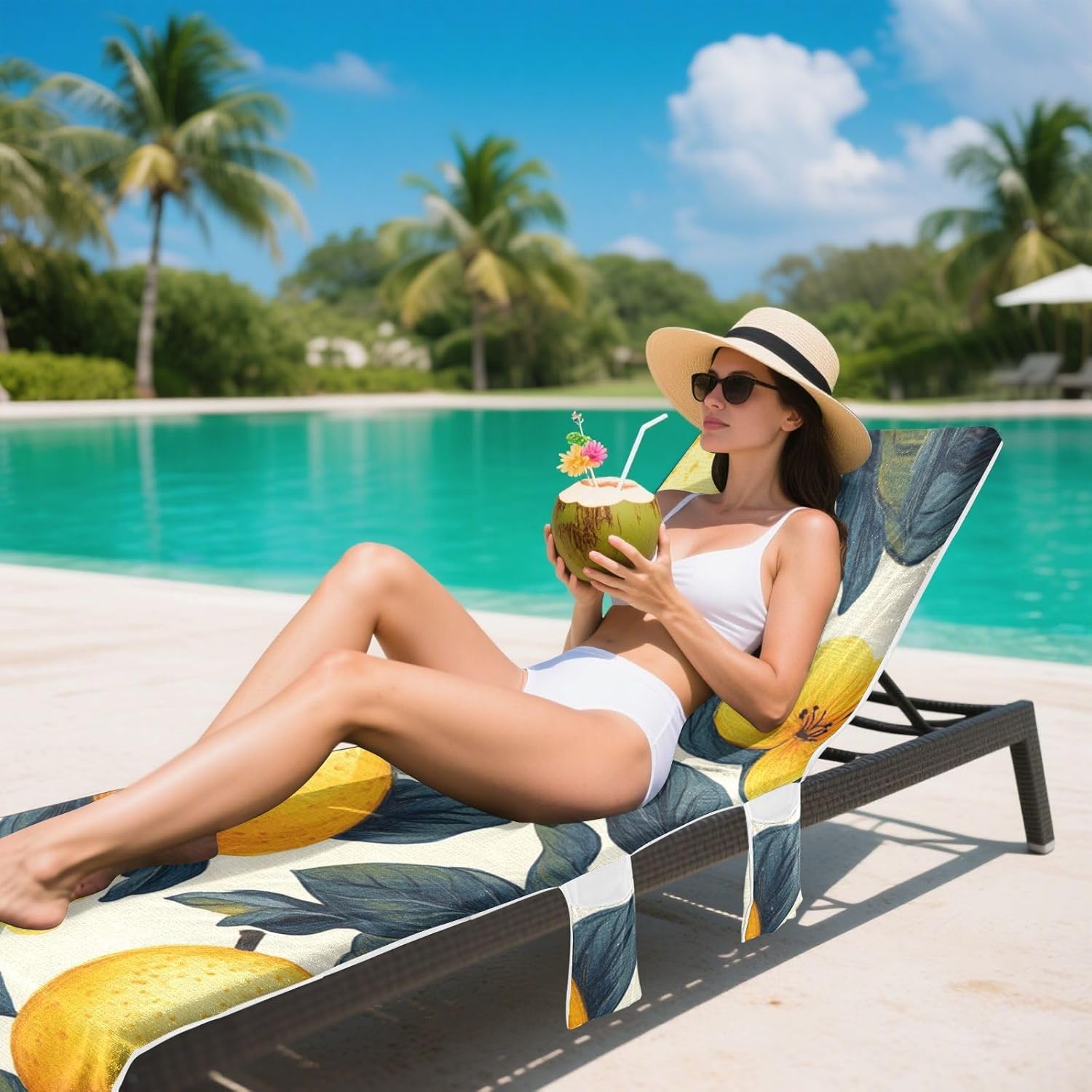 Yellow fruit and Green Leaves Patio Lounge Chair Cover Soft Absorbent Outdoor Chaise Lounge Cover with Windproof Straps for Outdoor Pool Beach Sunbathing, 85" X 30"