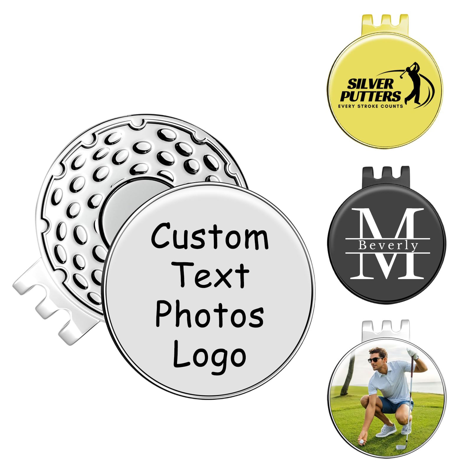 Lsayzz Custom Golf Hat Clips - Magnetic Golf Ball Markers for Golf Hats Caps, Gloves Bags, Visors Belts, Metal Golf Ball Markers with Personalized Photo or Logo, Silver