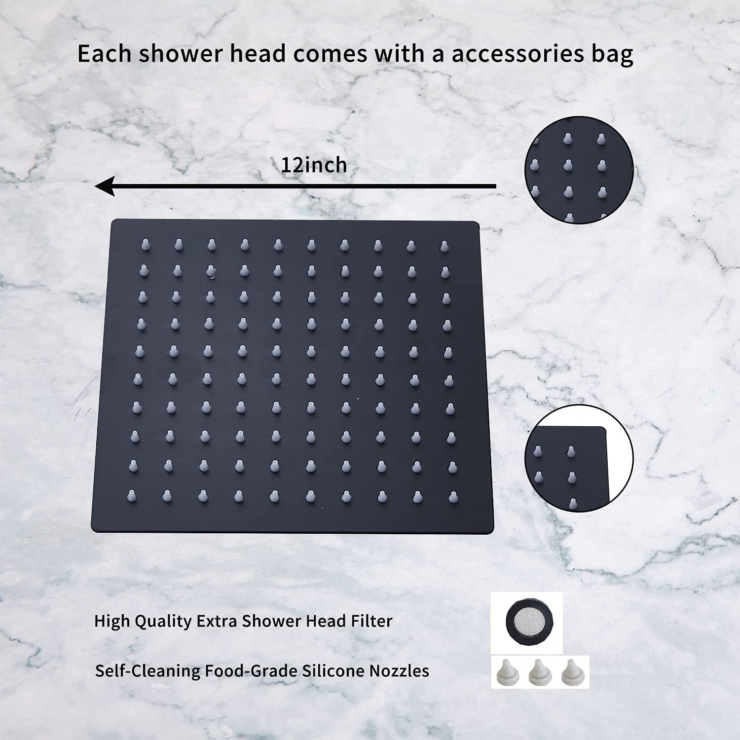 Soffione doccia a pioggia, quadrato ad alta pressione, 304, in acciaio inox 304, con 144 getti in silicone per un'esperienza più definitiva (nero opaco)