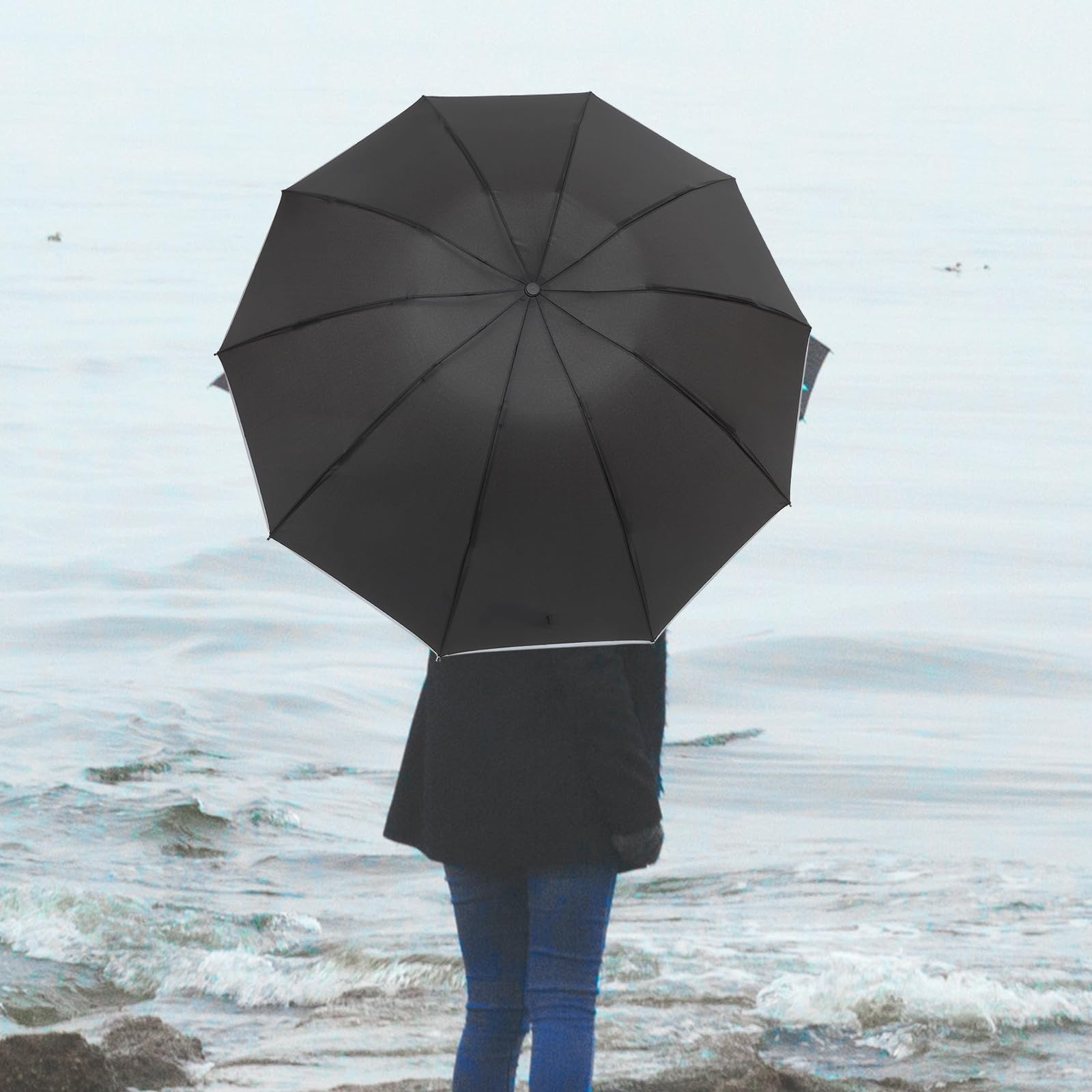 SECFOU Paraguas Plegable Automático Reflectante, Resistente al Viento, 10 Varillas de Aleación, para Lluvia y Uso en Exteriores
