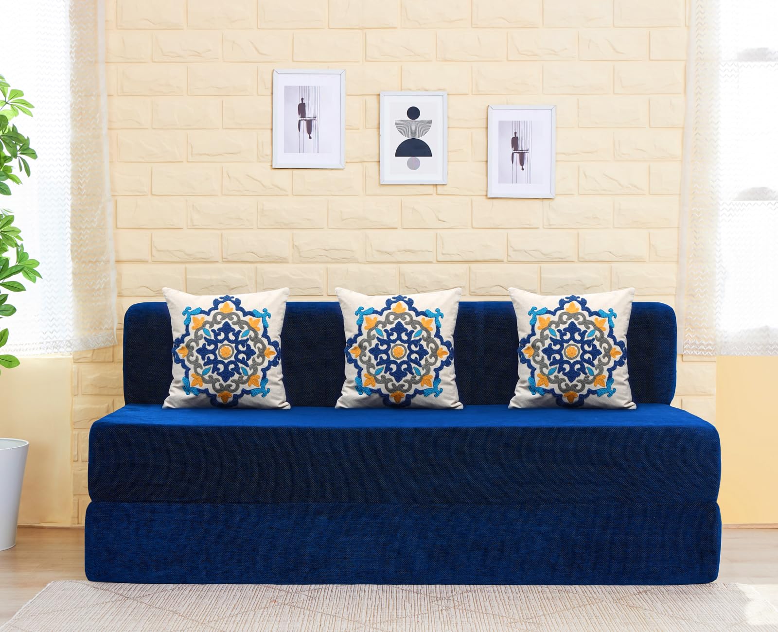 Jumbo Sofa Cum Bed | Chenille Fabric Washable Cover | 3 Cushions Blue Medallion Pattern | Dotted Blue | 6.5' X 6.5' Feet