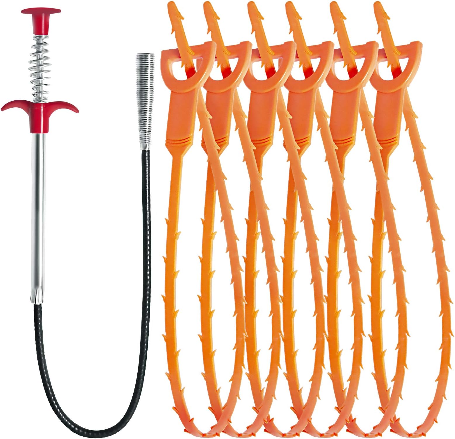 Hair Drain Clog Remover Tool โ 6 ร 25-Inch Sink Snake + 1 ร 24-Inch Drain Cleaner Tool, Plumbing Snake for Shower, Toilet, Kitchen Sink & Tub โ 7-Piece Hair Removal Tool Set