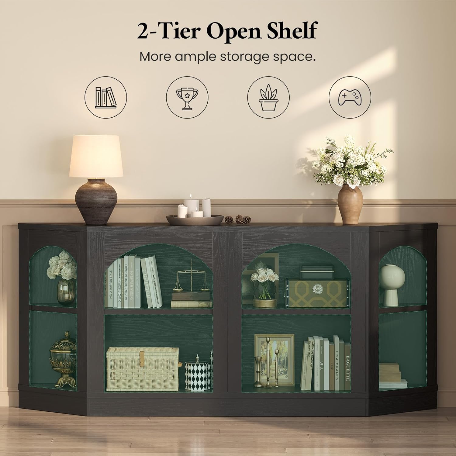 70.9" Extra Long Console Table with Shelves, Black Entryway Table, Farmhouse Arched Console Table, Sofa Table for Living Room, Entryway, Black