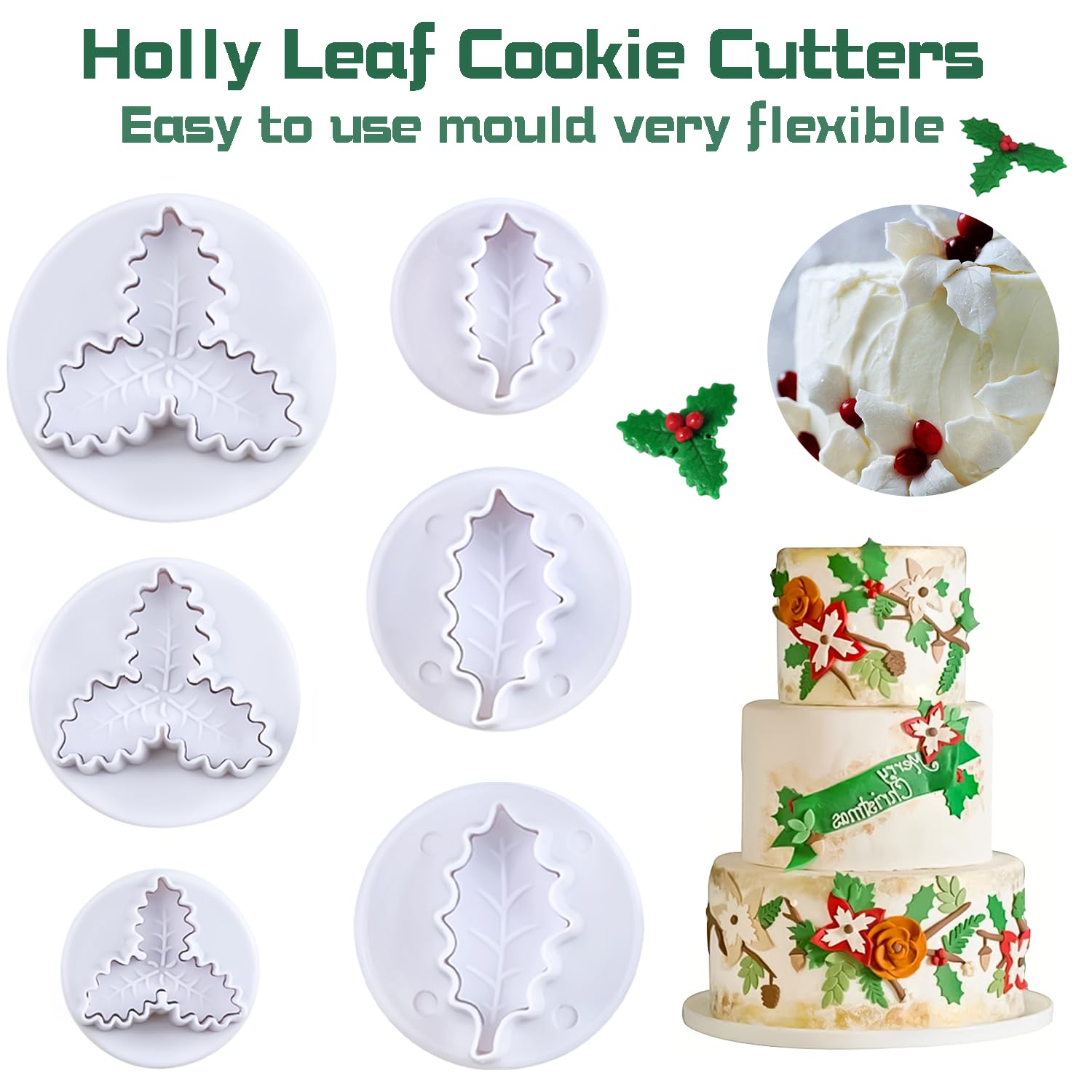 Ausstechformen für Weihnachten, Stechpalmenblätter, für Kuchen, Cupcakes, Zuckerguss, Dekoration, 6 Stück