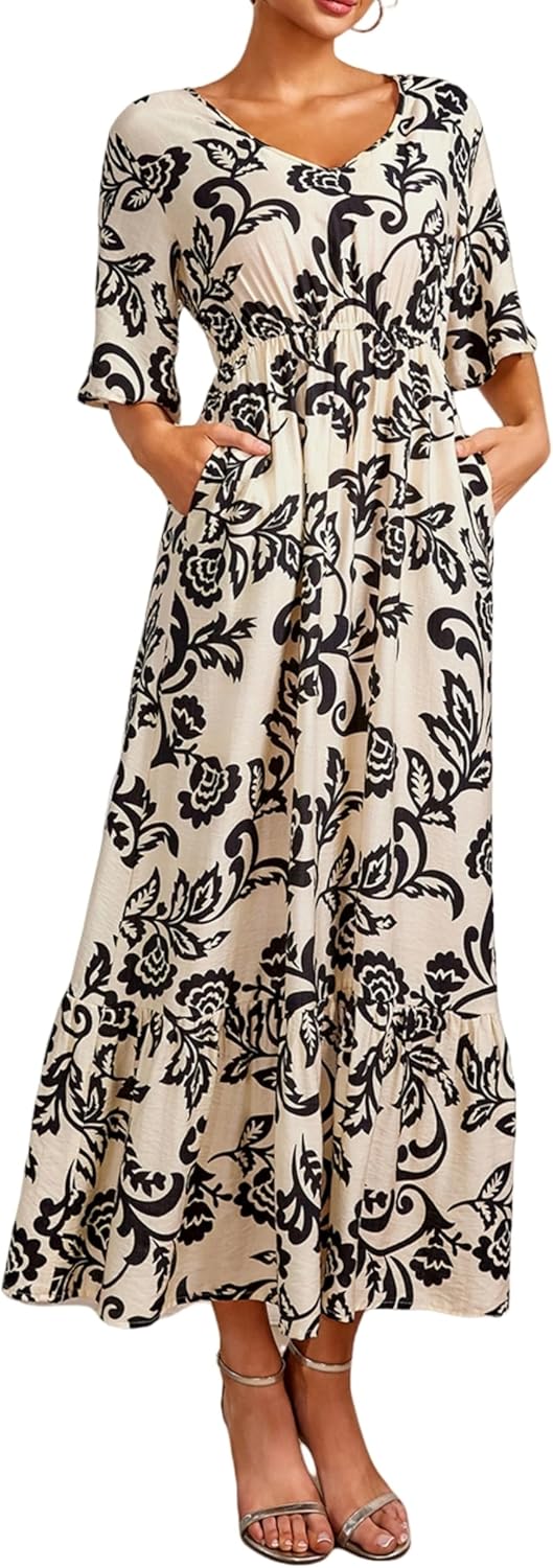 Women's Summer Short Sleeve Maxi Floral Flowy Dresses with Pockets