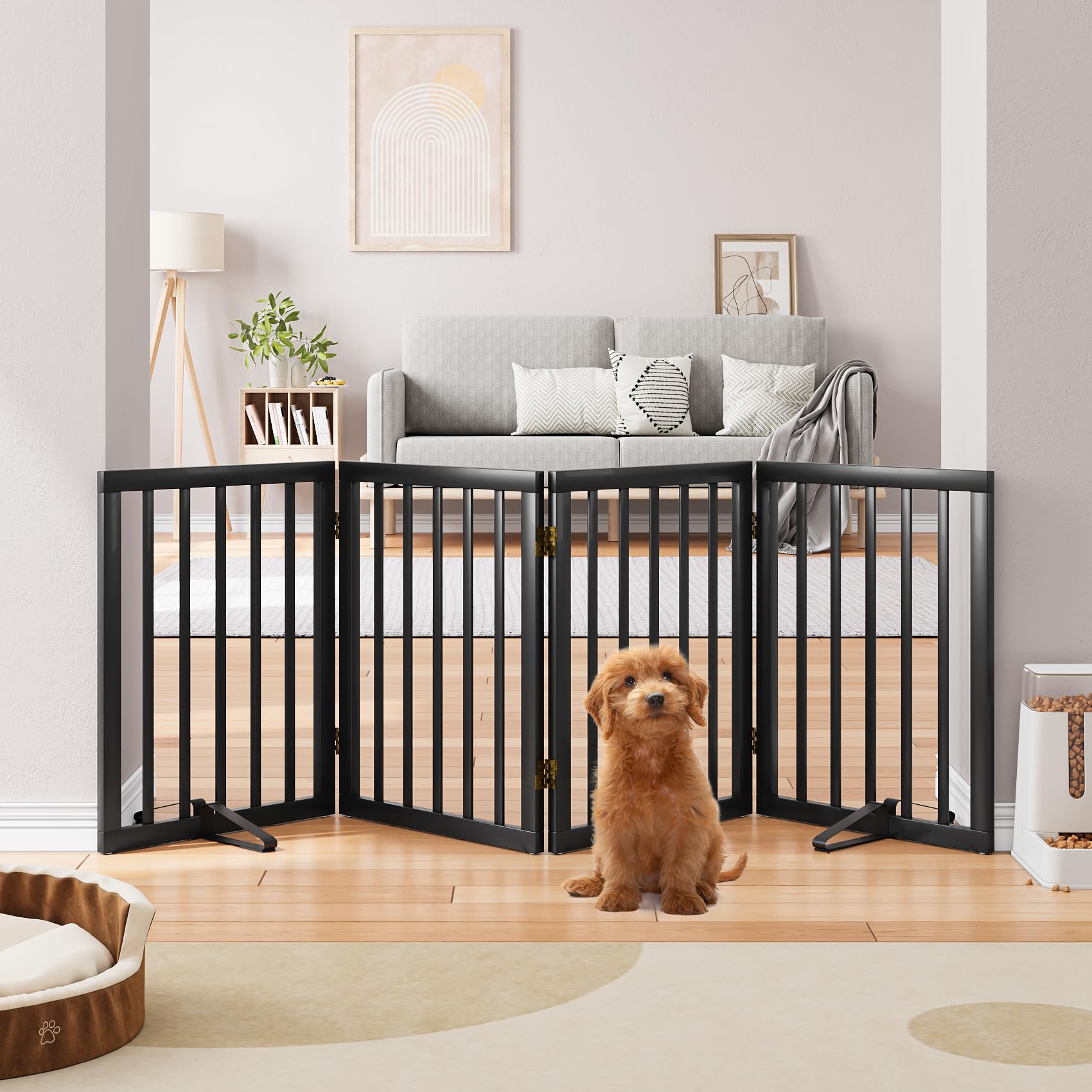 Semiocthome Freestanding Dog Gates and Barriers Indoor Pet Gates for Doorways and Stairs, 60cm(H) 4-Panel Puppy Gate with 2 Metals Stands Fully Assembled Adjustable Safety Fence Fit Up to 188cm-Black