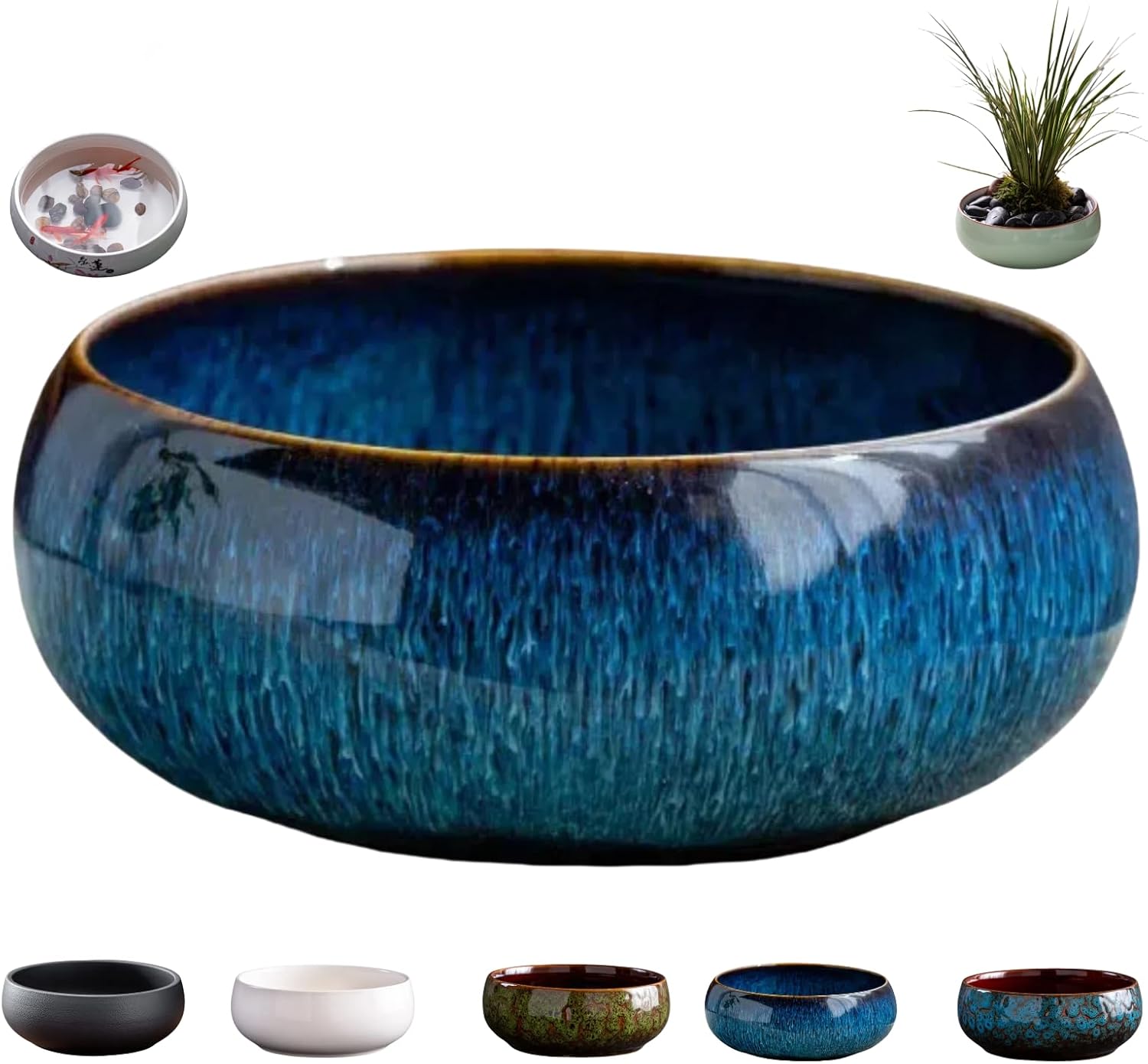 Lotus Bowl Planter, Lotus Flower Bowl Ceramic Planters for Planting in Water Indoors, Water Lily Bowl Hydroponic Succulent Plants Bonsai Container for Home Office Garden (Blue)