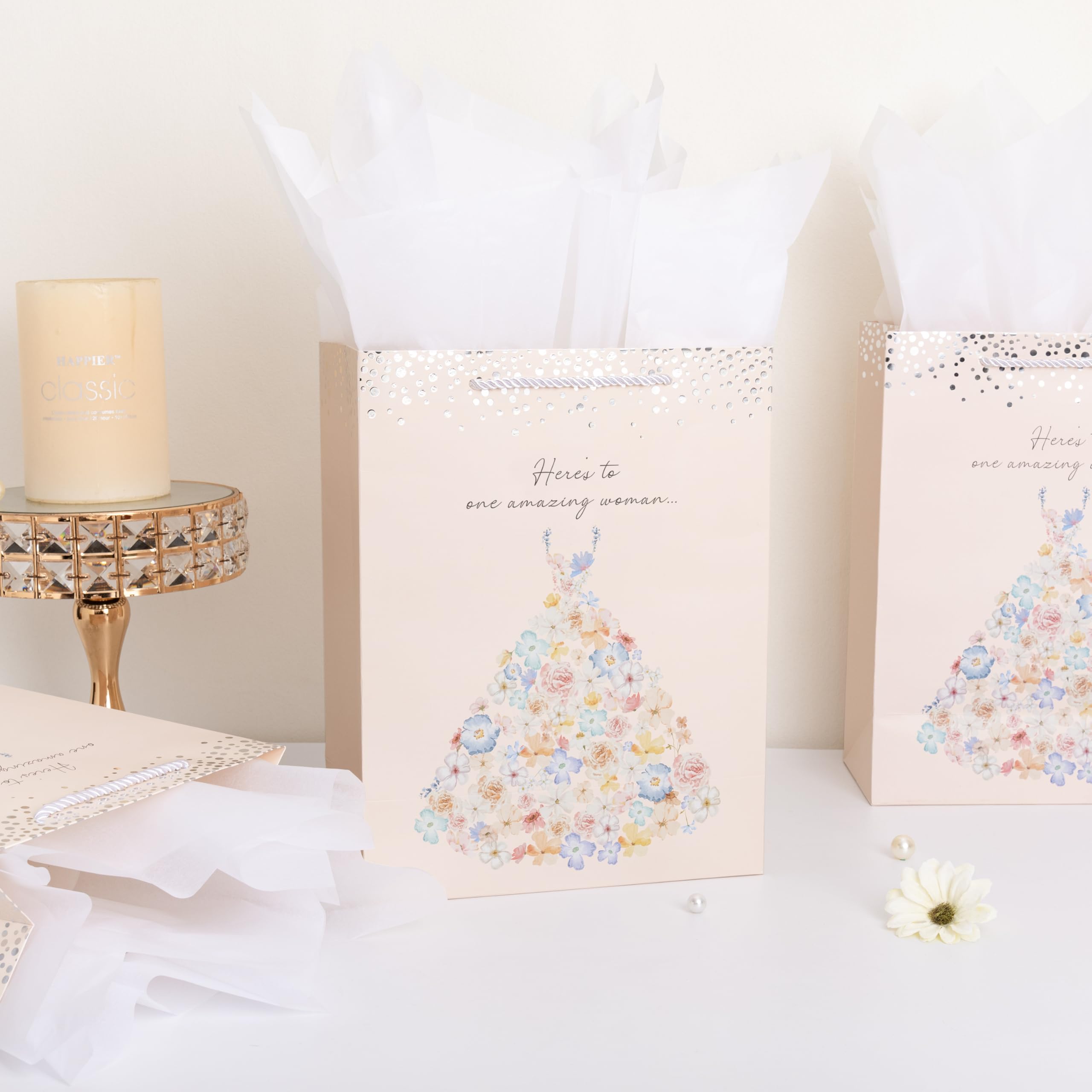 Crisky 13" Large Bridal Shower Bag with Cards Gift Bag with Tissue Paper, Gift Card(Here's to One Amazing Women) for Wedding, Bridal Shower, Engagement Party
