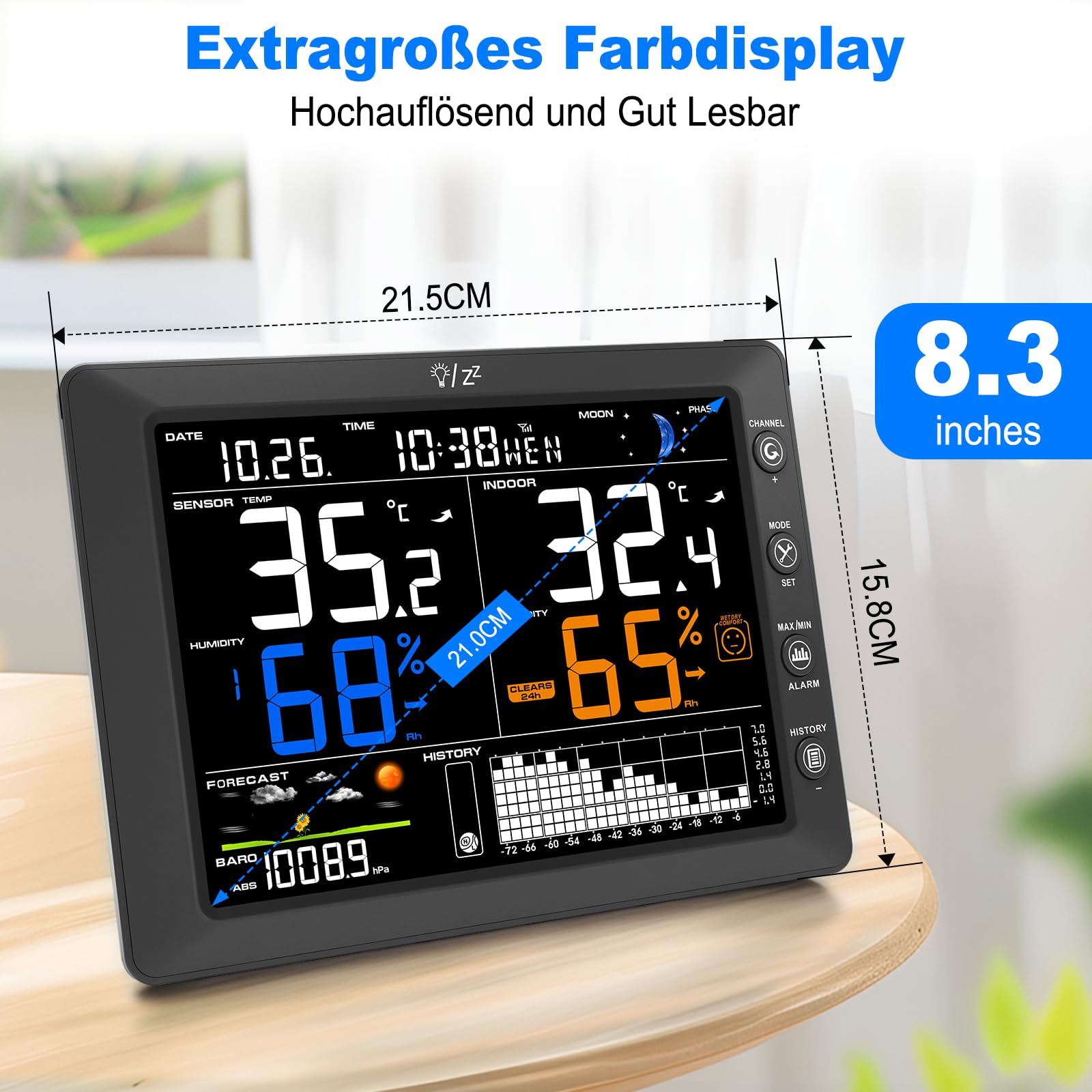 Urageuxy Wetterstation Funk mit Außensensor, 8,3 Zoll VA-Farbdisplay, DCF Funkuhr, Wettervorhersage, Innen- & Außentemperatur, Luftfeuchtigkeit, Luftdruck, 100 m Funkreichweite, für bis zu 8 Sensoren