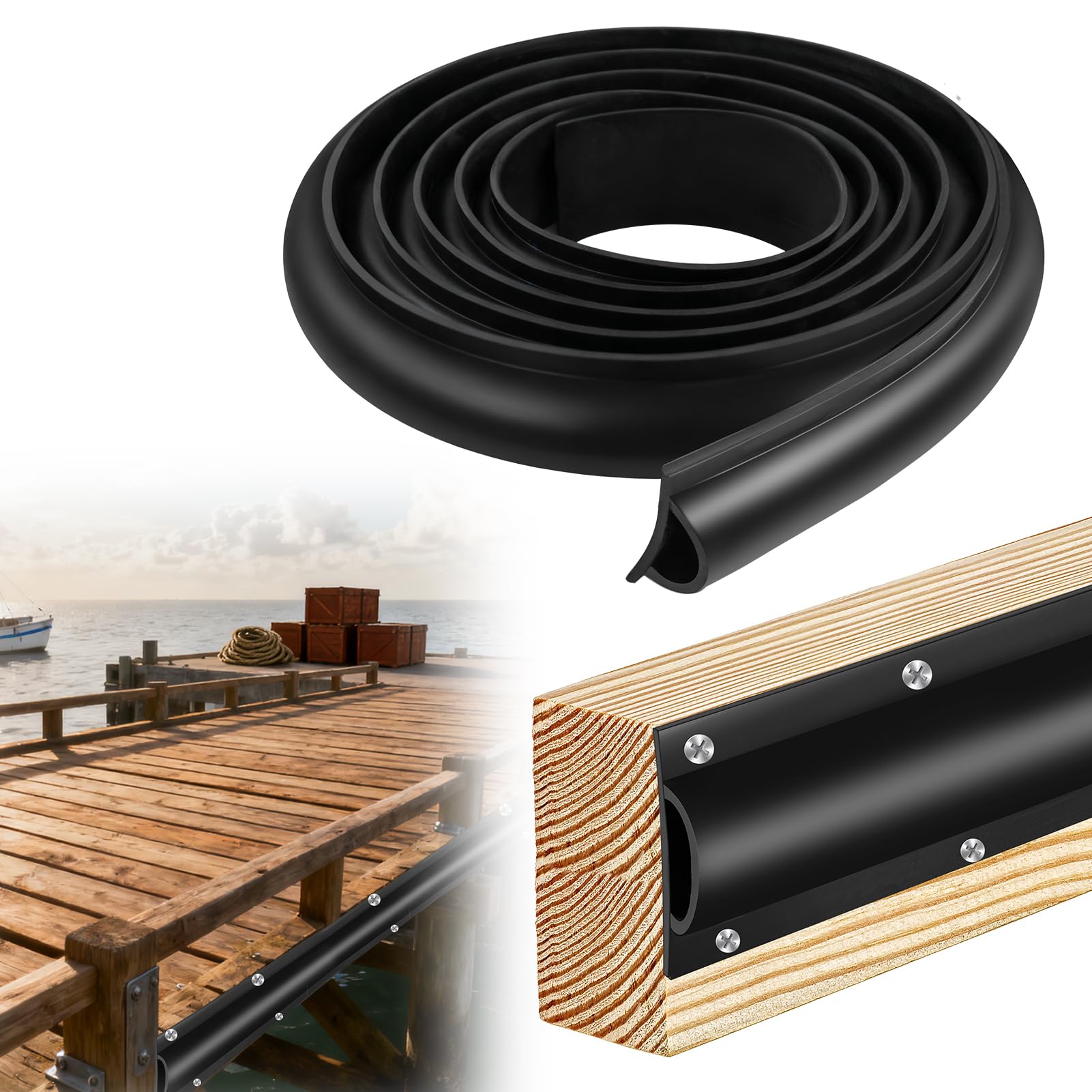 Bootsdock-Stoßstangen, 13 Fuß/26 FußDock-Kantenschutz für Ramm- und Anlegesteg, Rub Rail für Boote, Schutz, schwarz, Dock-Schutzblech, Stoßstange, inkl. Befestigungsschrauben