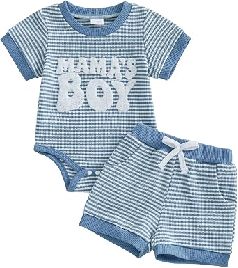 Douhoow Baby Boy Summer Outfits Short Sleeve Mamas Boy Embroidery Baby Waffle Romper Shorts Set Infant Festival Clothes