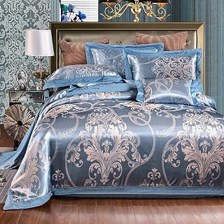 FXJ Wrinkle Stain Resistant Four piece bed set Set King Size Silk Duvet Covers Set Set King Size 100% Cotton Double Duvet Covers Set Silk Satin Jacquard Embroidery Queen Size Sheet Set (C Full)