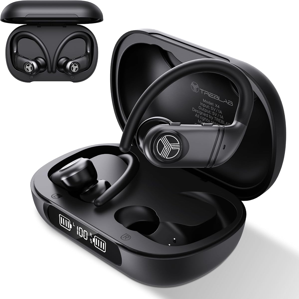 TREBLAB X4 Wireless Earbuds with Earhooks – 253H Battery, ENC Mic, Bluetooth 5.4, USB-C Charging Case, IPX5 Waterproof, Noise Isolating, for Running, Calls, Workouts – Bluetooth Over Ear Earbuds