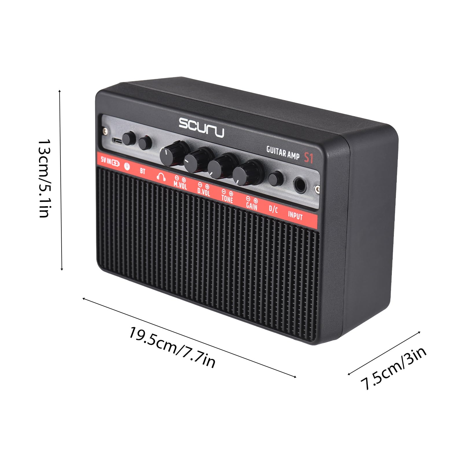 Btuty Scuru 16 W kleiner E-Gitarrenverstärker, tragbarer Gitarren-Übungs-Lautsprecher, wiederaufladbarer Verstärker, unterstützt BT/Kopfhörer-Verbindung, integrierter Verzerrungseffekt, Plug and Play