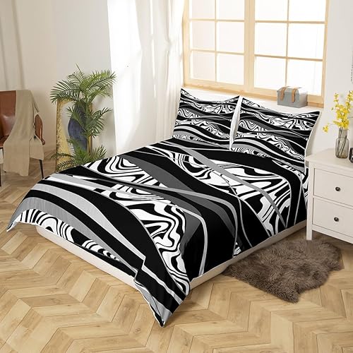 Miniatura 2 de Manfei Juego de funda de edredón geométrica gris, tamaño matrimonial, funda de edredón a rayas negras y blancas con 2 fundas de almohada, juego de