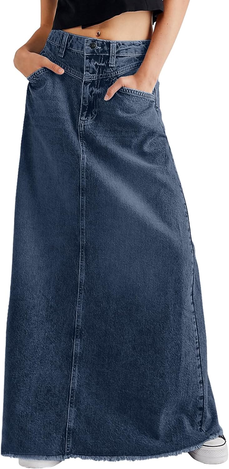 CHARTOU Women Vintage Denim Maxi Skirt Frayed Raw Hem High Waist A-Line Long Jean Skirt