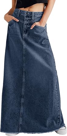 Women Vintage Denim Maxi Skirt Frayed Raw Hem High Waist A-Line Skirt - 4 shades