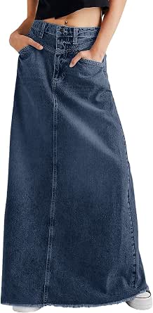 Women Vintage Denim Maxi Skirt with Raw Hem and High Waist