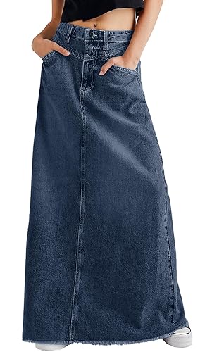 CHARTOU Women Vintage Denim Maxi Skirt Frayed Raw Hem High Waist A-Line Long Jean Skirt - XX-Large - Dark Blue