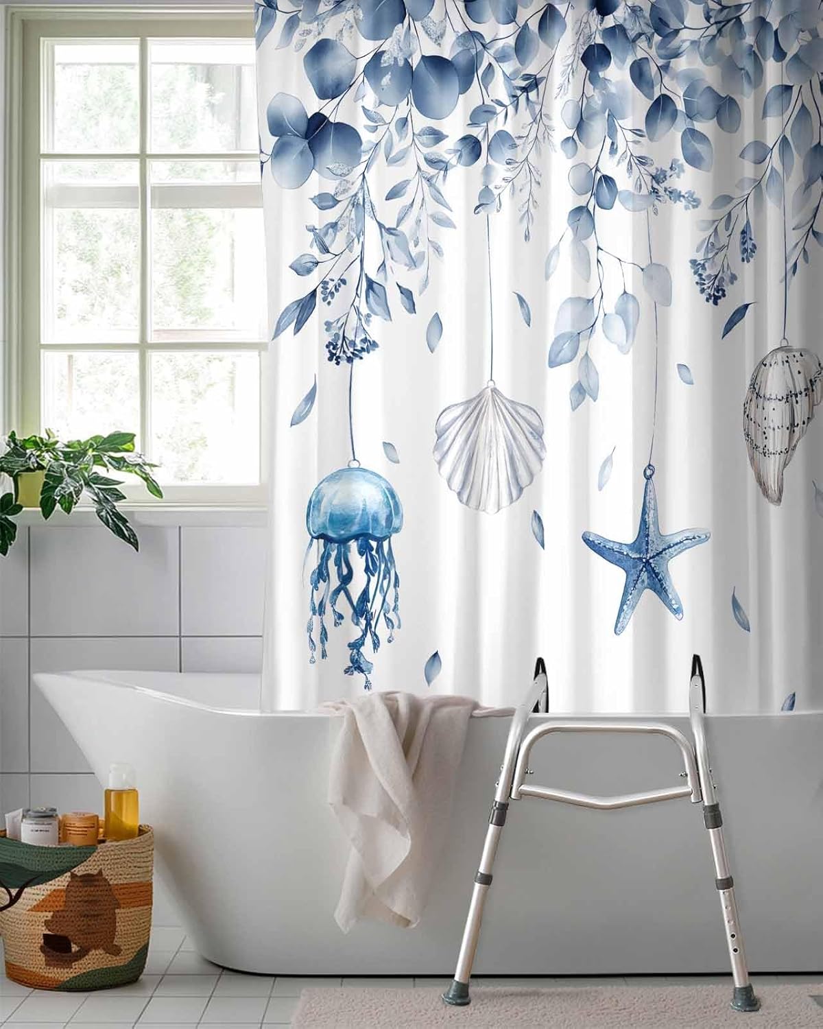 Split Shower Curtain for Transfer Bench, Blue Coastal Waterproof Fabric Shower Curtain, Spring Eucalyptus Leaf Beach Starfish Tub Sliding Transfer Bench Shower Curtains for Bathroom 72'' x 72''