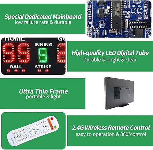Vista 10 de YZ LED Baseball/Softball Scoreboard for Fence, High-Light Digital Scoreboard with Remote, Rechargeable Wireless Electronic Baseball Scoreboard