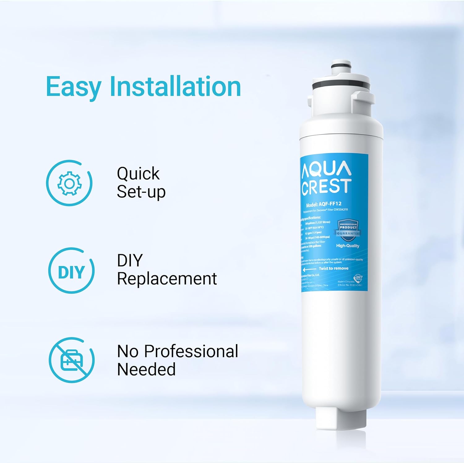 AQUA CREST DW2042FR-09 Refrigerator Water Filter, Replacement for Daewoo DW2042FR, Kenmore 46-9130, DW2042FR-09, Aqua Crystal DW2042F-09, FRN-Y22D2V, FRN-Y22D2W, 2 Pack