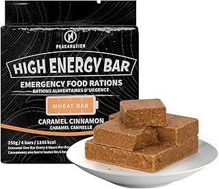 PEAK4RATION Barre à haute énergie | Biscuits de ration d'urgence – Caramel Cannelle 250g 1145 kcal | Biscuits compressés longue durée de conservation – Barre alimentaire de survie compacte MRE